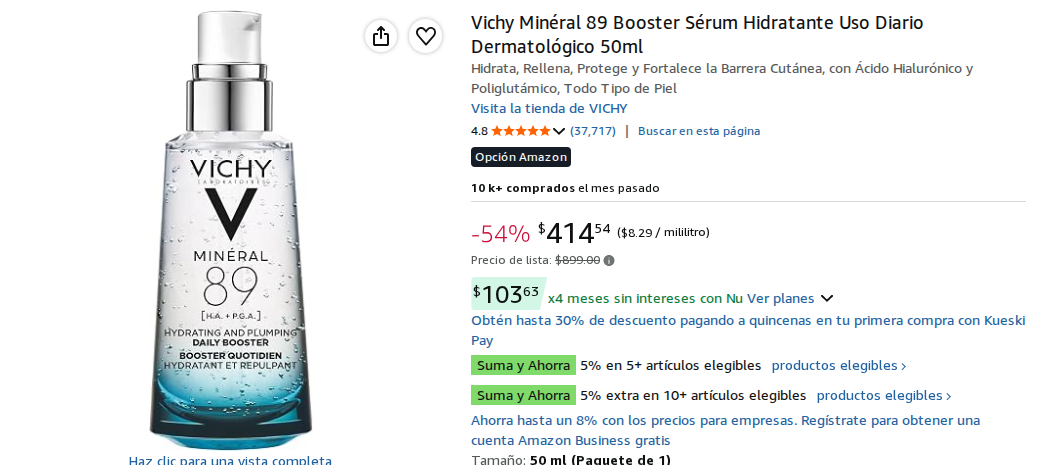 Vichy Minéral 89 Booster Sérum Hidratante Uso Diario Dermatológico 50ml