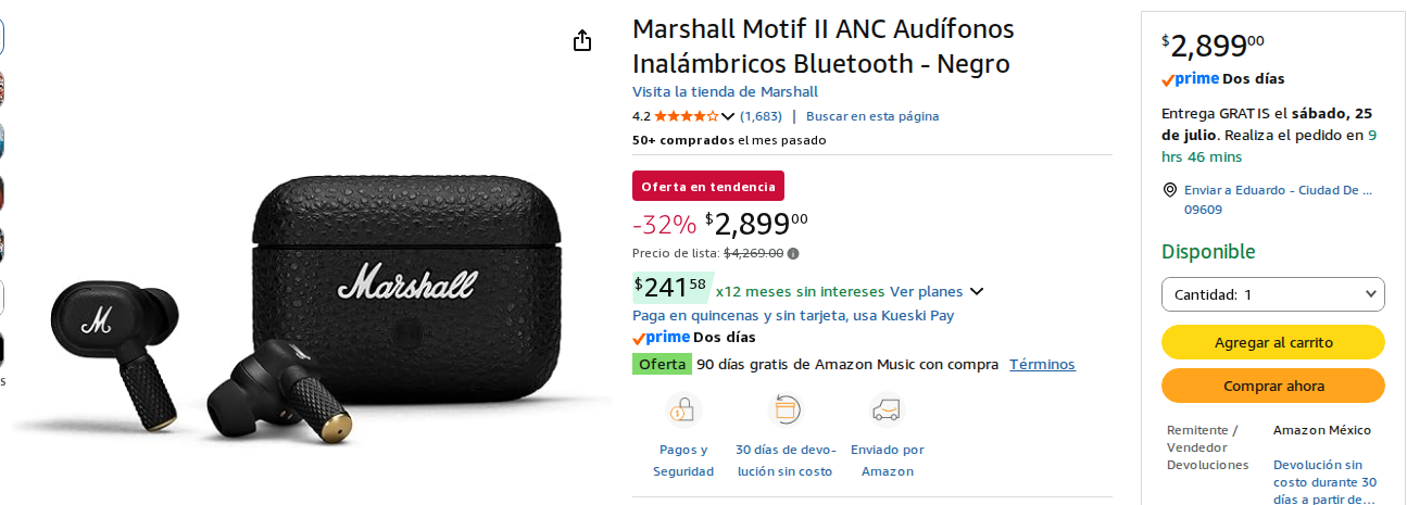 Marshall Motif II ANC Audífonos Inalámbricos Bluetooth - Negro