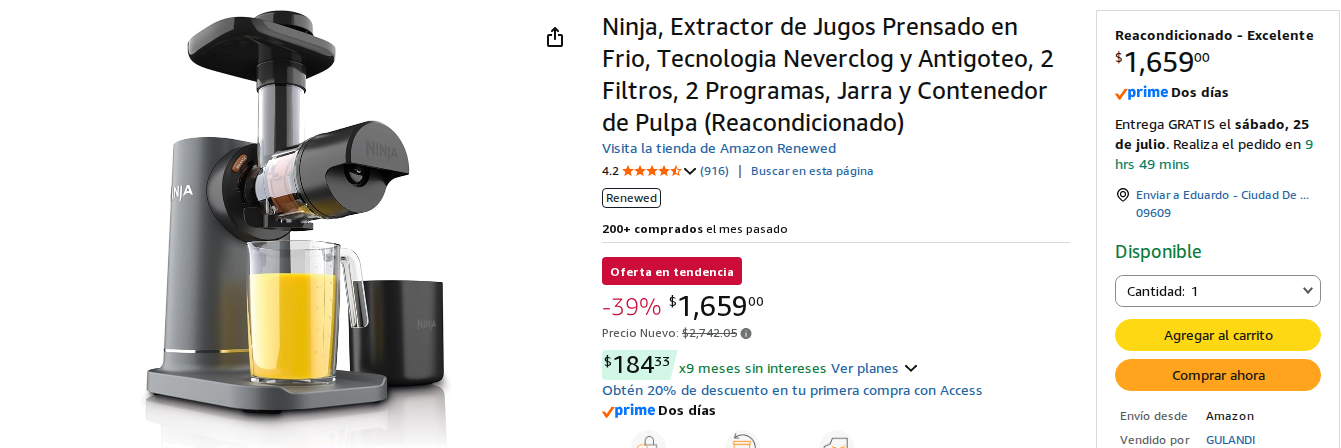 Ninja, Extractor de Jugos Prensado en Frio, Tecnologia Neverclog y Antigoteo, 2 Filtros, 2 Programas, Jarra y Contenedor de Pulpa (Reacondicionado)