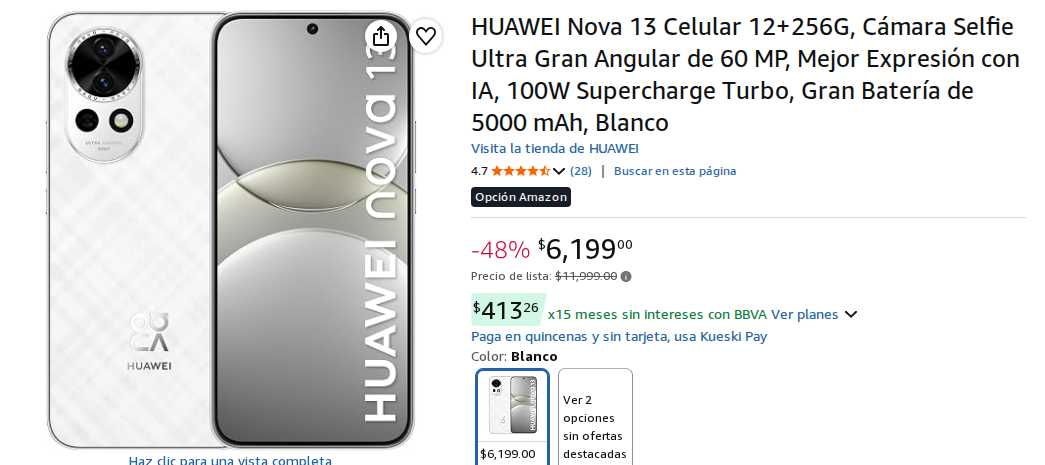 HUAWEI Nova 13 Celular 12+256G, Cámara Selfie Ultra Gran Angular de 60 MP, Mejor Expresión con IA, 100W Supercharge Turbo, Gran Batería de 5000 mAh, Blanco