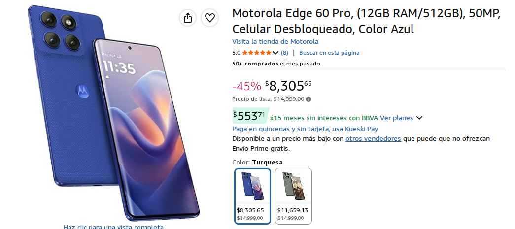 Motorola Edge 60 Pro, (12GB RAM/512GB), 50MP, Celular Desbloqueado, Color Azul