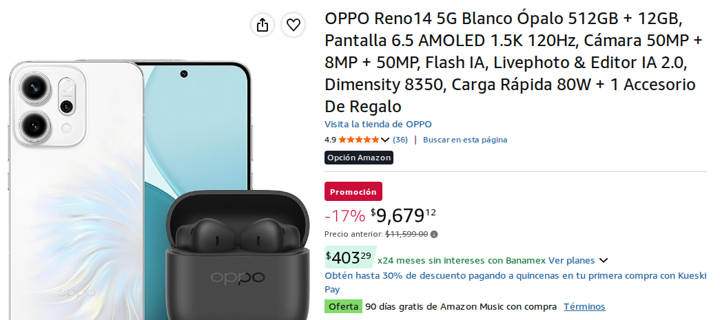 OPPO Reno14 5G Blanco Ópalo 512GB + 12GB, Pantalla 6.5 AMOLED 1.5K 120Hz, Cámara 50MP + 8MP + 50MP, Flash IA, Livephoto & Editor IA 2.0, Dimensity 8350, Carga Rápida 80W + 1 Accesorio De Regalo