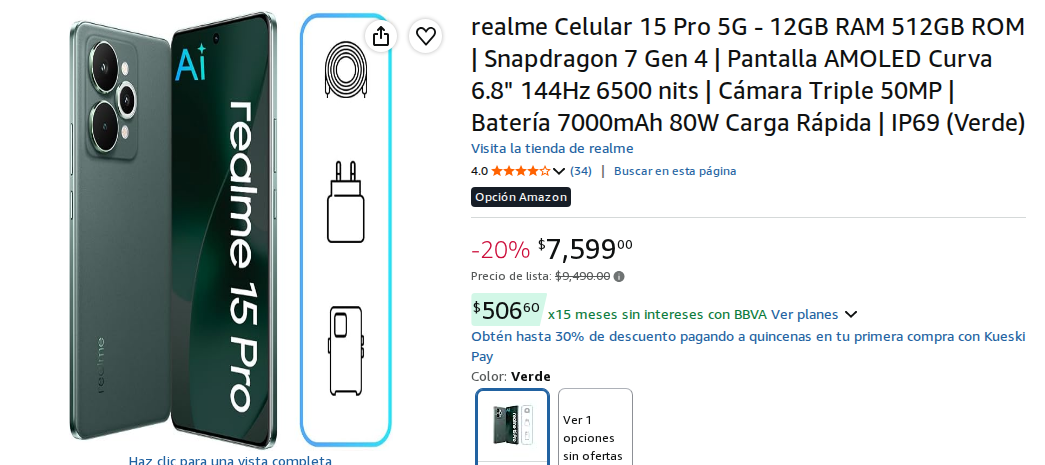 realme Celular 15 Pro 5G - 12GB RAM 512GB ROM | Snapdragon 7 Gen 4 | Pantalla AMOLED Curva 6.8" 144Hz 6500 nits | Cámara Triple 50MP | Batería 7000mAh 80W Carga Rápida | IP69 (Verde)
