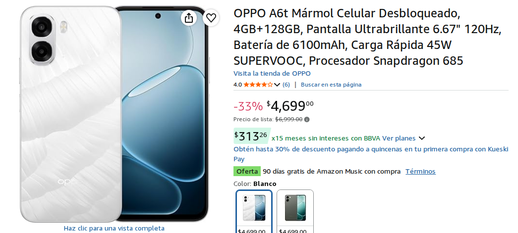 OPPO A6t Mármol Celular Desbloqueado, 4GB+128GB, Pantalla Ultrabrillante 6.67" 120Hz, Batería de 6100mAh, Carga Rápida 45W SUPERVOOC, Procesador Snapdragon 685