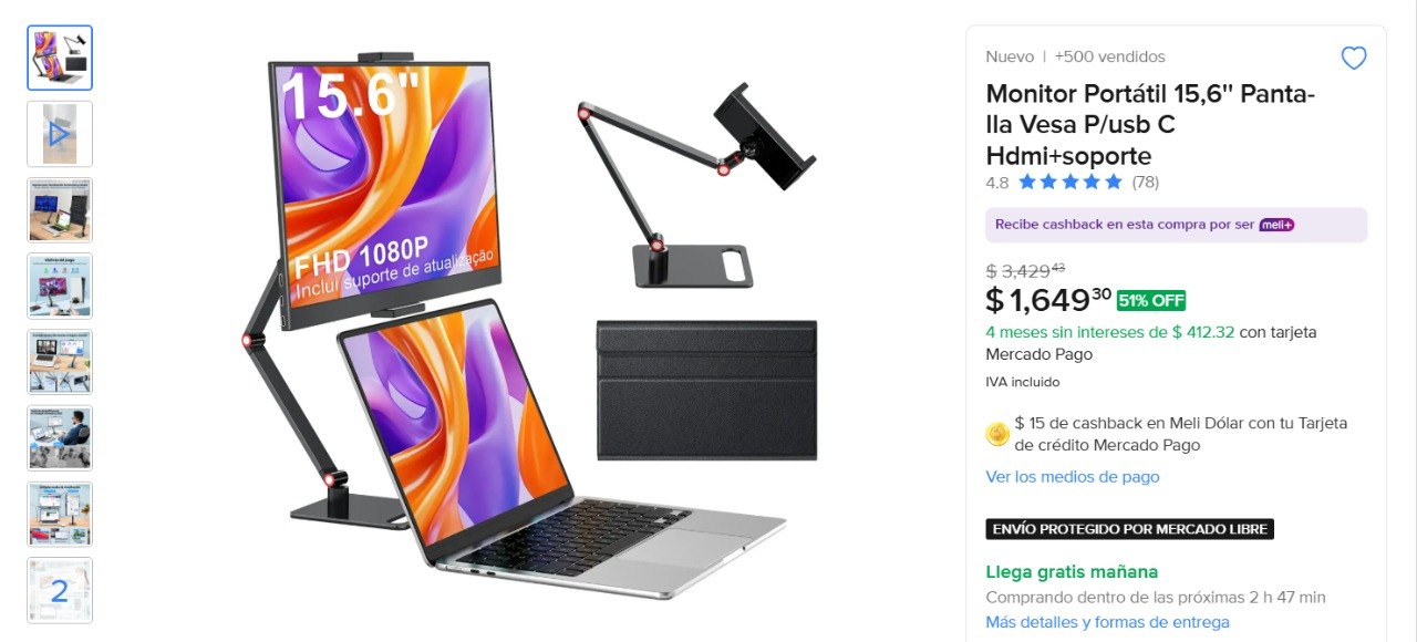 Monitor Portátil 15,6 Pantalla Vesa P/usb C Hdmi+soporte