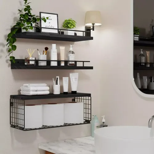 Set de 3 Repisas Flotantes de Madera con Canasta para Baño y Cocina