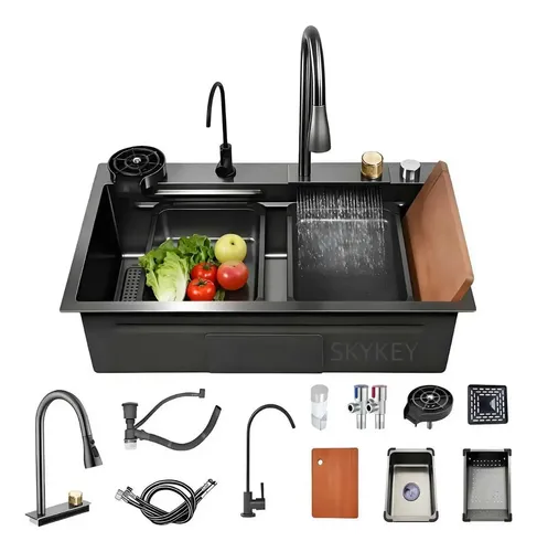 Fregadero De Cocina Multifuncional Black Diamond 80×45×22: Centro De Cocina Todo-en-uno Con Integración De Purificación De Agua Escurrimiento Negro