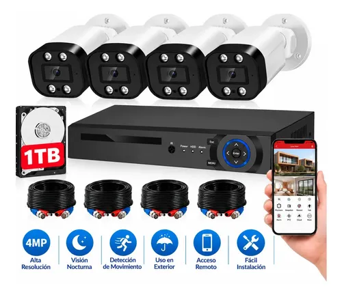 Kit De Cámaras De Seguridad 4MP 4 Cámaras Circuito Cerrado CCTV DVR Disco Duro 1TB Visión Nocturna BOEROY